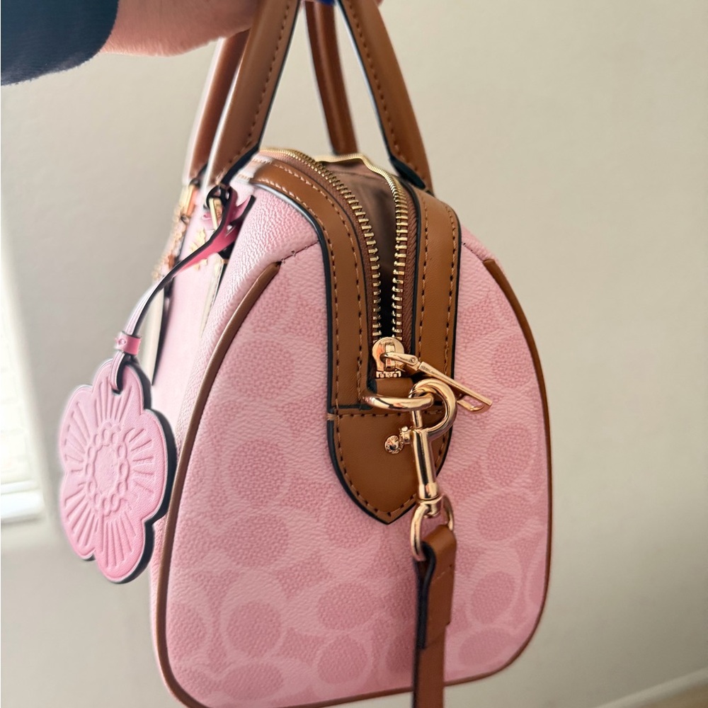 COACH Pink Signature Medium  Satchel with Brown Leather Trim and Gold Hardware - Picture 4 of 9